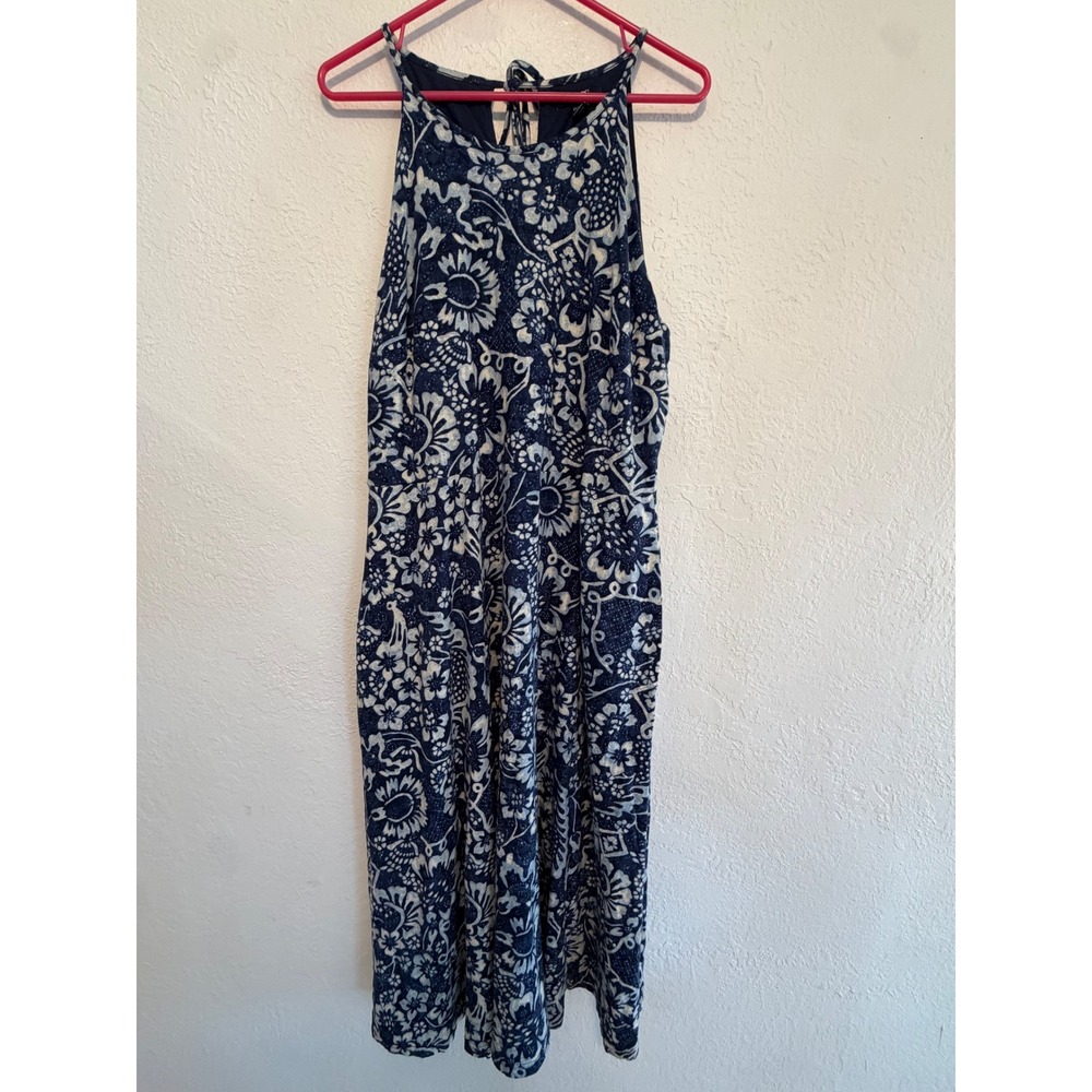 Chaps Ralph Lauren Navy White Floral Cotton Maxi Dress XXL Halter Neck Tie Back